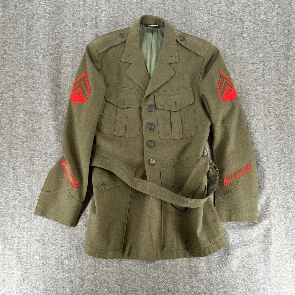 Vintage 1968 USMC Wool Serge Service Coat 39L Khaki Shirt Tie Belt Set Men